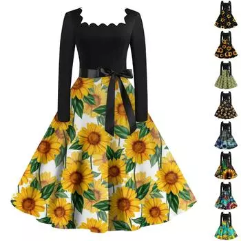 Женский повседневный пуловер с квадратным вырезом и принтом на День Святого Валентина, платье с длинными рукавами и высокой талией L чёрный