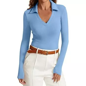 Women s Casual Versatile V Neck Solid Color Lapel Slim Fit Long Sleeved Top Loose Long Sleeved Top XL