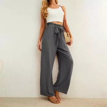Women s Casual Wide Leg Pants With Pockets Lightweight High Waisted Adjustable Tie Knot Loose Pants L