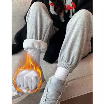 Women s Casual Winter Bundle Feet Pants Straight-leg Fleece-lined Thickened Sweatpants S белый