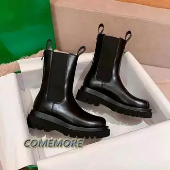 Женские ботинки челси, меховые ботинки, зимние, новые, на платформе, массивные, модные, роскошные, дизайнерские, британские, средней длины, кожаные, зимние ботинки, повседневные 35 чёрный