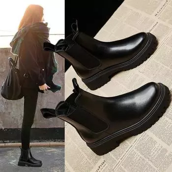 Women s Chelsea Boots Genuine Leather 2024 Autumn Winter Trend Thick-soled Women Ankle Boots All-match Marton Boots Ladies Botas 35 чёрный