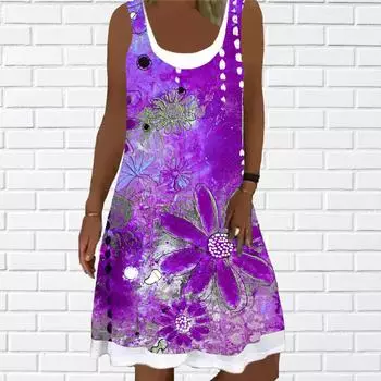 Women s Cherry Blossoms Printed Sleeveless Round Neck Dress Plus Size Dress for Women 2025 XS синий