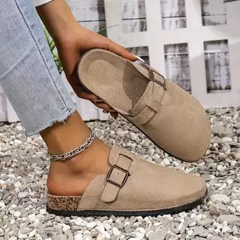 Women S Chic Beige Slide Sandals with Adjustable Buckle Straps - Comfortable Toe Flat Heel, Non-Slip Rubber Sole for Summer Wear, Strappy Sandal 35 хаки