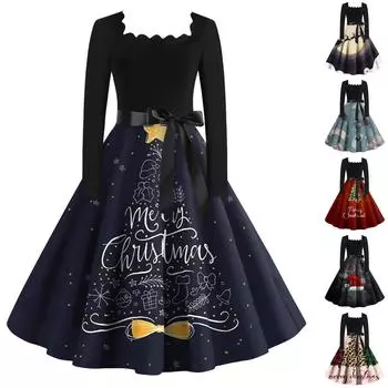 Женские рождественские повседневные модные винтажные платья с квадратным вырезом и длинными рукавами с принтом S тёмно-синий
