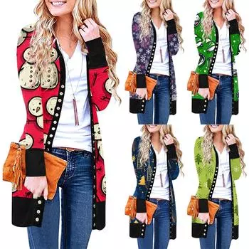 Women s Christmas Long Sleeve Front Cardigan Printed Top Lightweight Coat XXL тёмно-синий