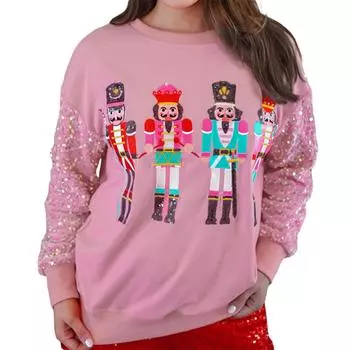 Women s Christmas Loose Pullover Sparkle Sequin Long Sleeve Crew Neck Soldier Printed Sweatshirt S розовый