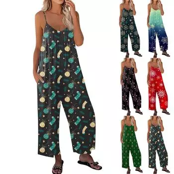 Женский рождественский принтованный комбинезон, свободный, с регулируемыми подтяжками S чёрный