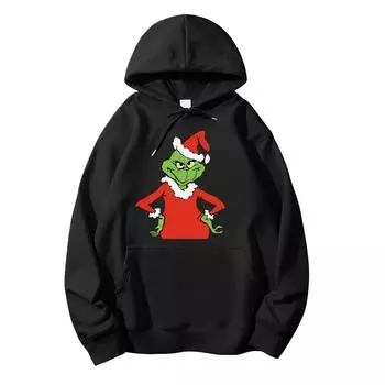 Women s Christmas Printed Pullover Hooded Sweatshirt Fleece Long Sleeve Fashion Sweatshirt L чёрный