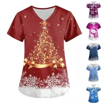 Women s Christmas Printed Work Clothes V-neck Double Layer Pockets Basic Top Pullover L синий