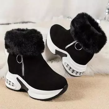 Women s Chunky Boots, Cozy Side Zipper Ankle Boots, Stylish Plush Lined Boots 35 чёрный