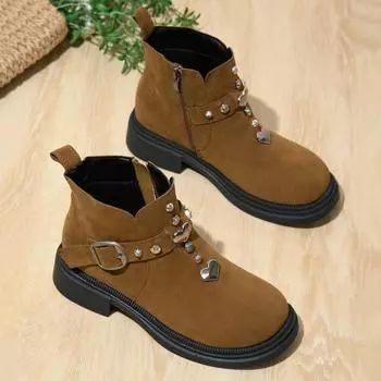 Women s Chunky Single Boots Autumn New Round Head Suede Rivet Side Zipper Anti-slip Wear-resistant Short Boots 35 чёрный