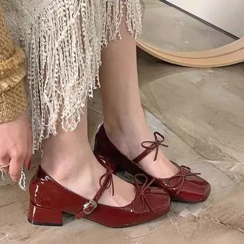 Женские массивные туфли-одинарки Весна Новые с круглым квадратным носком Мелкий вырез Узел-бабочка Кристальная пряжка Нескользящие Высокие каблуки 35