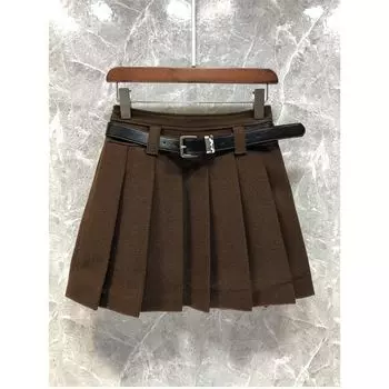 Women s Classy High Waist Wool Pleated Skirt Skirt European Goods Fall and Winter 51u01 Curry(With belt) M