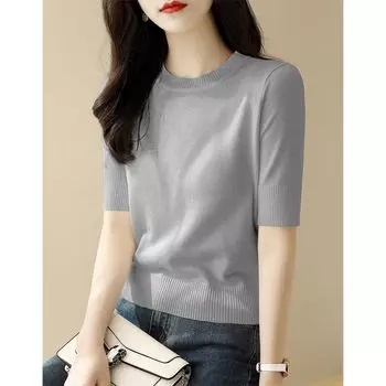Women s Classy round Neck Silm Summer Thin Basic Shirt Light gray XL