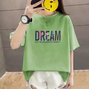 Women s Clothing 120.00kg Short Sleeve T-shirt plus Size plus Size Summer Clothes 200 Loose Slim Looking Plus Size Ladies Half Sleeve 300 Tops Green Color letters] M Suggested 42.50 kg-57.50 kg