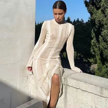 Women s clothing 2025 autumn and winter new products fashionable and sexy woolen ripped slim long-sleeved dress S хаки
