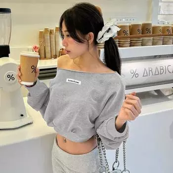 Women s clothing 2025 autumn fashion street shot short solid color off-the-button oblique neck long-sleeved sweater S чёрный