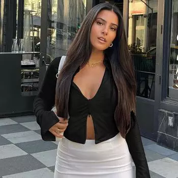 Women s clothing 2025 autumn new fashion navel slim zipper lapel long-sleeved T-shirt top S белый