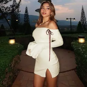 Women s clothing 2025 autumn new product fashionable and sexy one-word shoulder slim split dress S абрикосовый