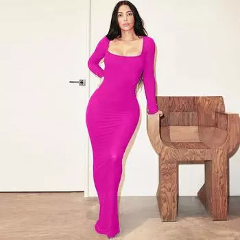 Women s clothing 2025 new spring fashion U-neck slim-fitting long-sleeved dress women S чёрный
