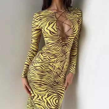 Women s clothing 2025 new winter fashion print chest hollow long-sleeved slim dress women S жёлтый