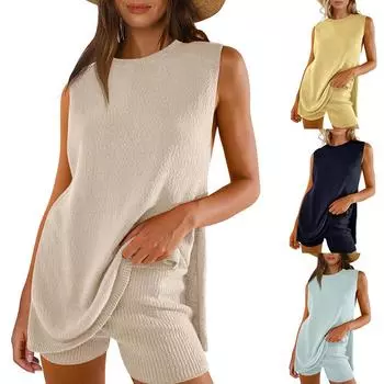 Women s clothing 2025 spring and summer fashion casual knitted sleeveless shorts short-sleeved pants set S абрикосовый