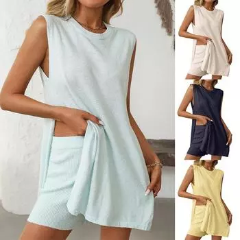 Women s clothing 2025 spring and summer fashion casual knitted sleeveless shorts short-sleeved pants set S мятный зеленый