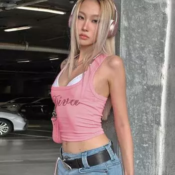 Women s clothing 2025 spring new fashionable and sexy U-neck letter hot diamond sleeveless small vest S розовый