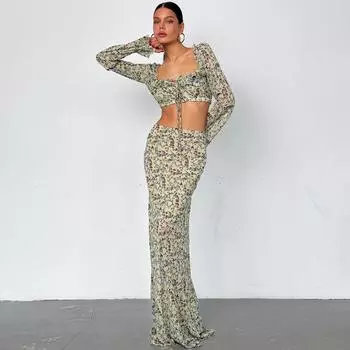 Women s clothing 2025 summer new fashion and sexy U-neck open-button top slim-fit see-through skirt set S чёрный