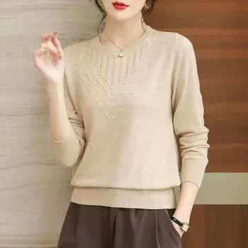 Women s Clothing Autumn Winter Pullover Casual Office Lady Tops Round Neck Solid Color Lantern Long Sleeve Sweater Knitted XS