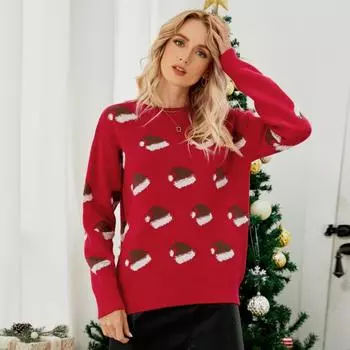 Women s Clothing Autumn Winter Trendy Funny Cartoon Christmas Knitted Sweater Y2K Casual Long Sleeve Loose Pullover Tops Jumpers S красный