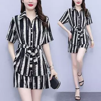 Women s Clothing Casual Printed Shirt + Short Two Piece Set Chic Waist Drawstring Summer Single-breasted Short Sleeve Matching Sets 5XL