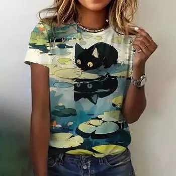 Women s Clothing Cat Anime Print Crewneck Short Sleeve Summer Loose Casual Top Dating Elegant S