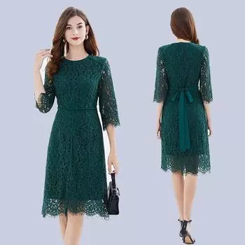 Women s Clothing Fashion Fashion Green 3/4 Sleeve A- line Lace Dark green XL
