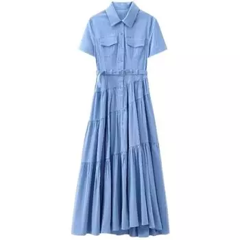 Women s Clothing Fashion Style 2024 Summer New Arrival Temperament Shirt Blue XS