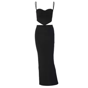 Women s Clothing Fashion Style off-the-Shoulder Collar Open Back over the Knee Two-piece Set Black M