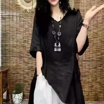 Women s Clothing Retro Cotton and Linen Ethnic Style Loose Shirt Top Black M