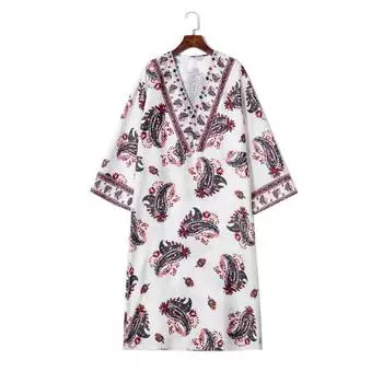 Women s Clothing Retro Elegant Drop-Shoulder Sleeve Dress Pullover White Print M