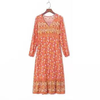 Women s Clothing Retro Elegant V-neck Slimming Long Sleeves Dress Orange Print S