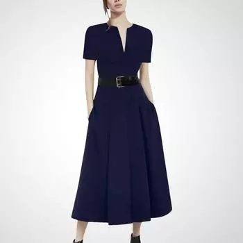 Women s Clothing Silm Summer Short Sleeve V Neck Elegant Dress Navy blue S