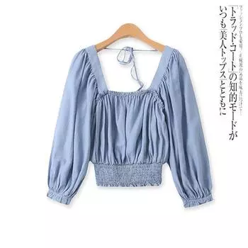 Women s Clothing Summer and Autumn New Lace up Slim Fit Top Shirt Blue S