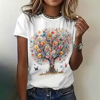 Women s clothing, tree butterfly printed T-shirt, round neck short sleeved top, streetwear, girls fashionable large T-shirt 2XS