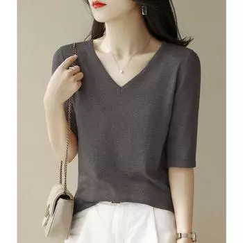 Women s Clothing V-neck Half Sleeves T-Shirt French Classy Thin Basic Shirt
