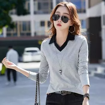 Women s Clothing V Neck T-Shirt Casual Long Sleeve Top for Spring and Autumn S чёрный