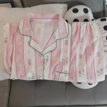 Women s Cloud Cotton Pajama Set: Long Sleeve Cardigan and Pants with Sweet Cartoon Design XL