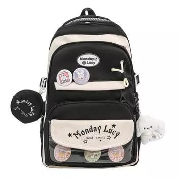 Women s College Backpack Large Capacity Multi-Compartment Schoolbag Lightweight Contrast Backpack with Coin Purse чёрный