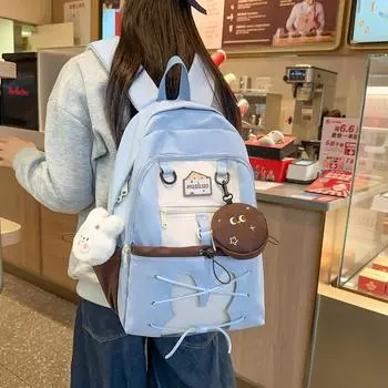 Женский рюкзак с цветными блоками, большая вместимость, школьная сумка, рюкзак с рисунком из мультфильма для колледжа чёрный