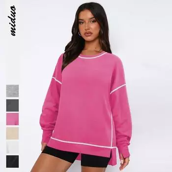 Women s contrasting loose fitting pullover with slit long sleeves round neck casual hoodie for winter Pullovers & Long Sleeves women’s S