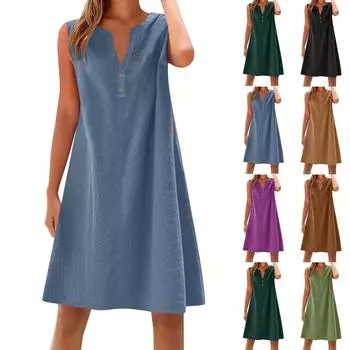 Women s cotton and linen dress summer sleeveless comfortable travel beach dress fashionable spring and summer vacation wear L